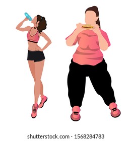 Thin and fat girls. beautiful girl drink water. fat girl eat burger. concept flat vector illustration