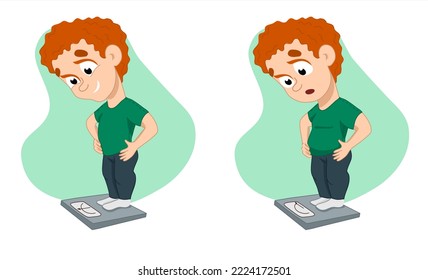 Thin and fat man on a white background. Healthy eating.  Healthy lifestyle concept. 
The man stands on the scales.