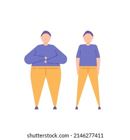 a thin and fat man. transformation or change of the body. flat cartoon character illustrations. concept design