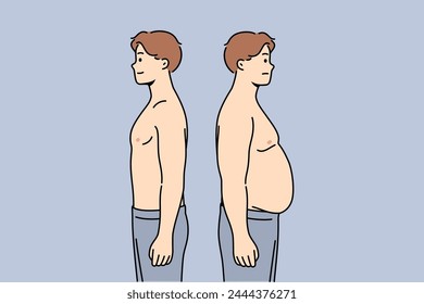 Thin and fat men stand side by side demonstrating changes in figures after eating fast food or working sedentary jobs. Fat guy has problems with excess weight caused by hormonal imbalance in body