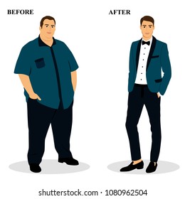 Thin and fat. Obesity. From fat to thin. Before and after. Healthy Lifestyle. The man becomes thin. Isolated objects. Vector illustration.