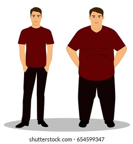Thin and fat. Obesity. From thin to fat. Boy getting fat, gaining weight. Isolated objects. Vector illustration.