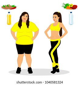 Thin and fat. Proper nutrition. From fat to thin. Before and after. Healthy Lifestyle. The woman becomes thin. Isolated objects. Vector illustration.