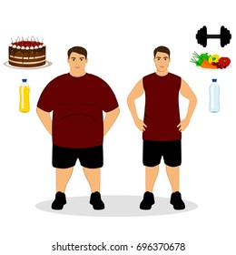 Thin and fat. Proper nutrition. From fat to thin. Before and after. Healthy Lifestyle. The guy becomes thin. Isolated objects. Vector illustration.