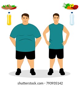 Thin and fat. Proper nutrition. From fat to thin. Before and after. Healthy Lifestyle. The guy becomes thin. Isolated objects. Vector illustration.