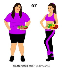 Thin and fat. Proper nutrition. Incorrect food. From fat to thin. Before and after. The choice. Healthy Lifestyle. The woman becomes thin. Isolated objects. Vector illustration.