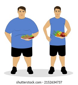 Thin and fat. Proper nutrition. Incorrect food. From fat to thin. Before and after. The choice. Healthy Lifestyle. The man becomes thin. Isolated objects. Vector illustration.