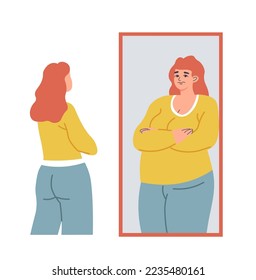 Thin female character looking at distorted overweight reflection in mirror feeling upset and sad. Woman with psychological problems looking for bad in body. Vector in flat style illustration