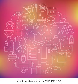 Thin Fitness and Healthy Lifestyle Line Dieting Icons Set Circle Shaped. Vector Illustration of Sport and Sport equipment Objects over Blurred Background