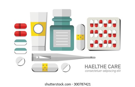 Thin  flat design of medication supplies, aspirin and painkiller pills, medical tools, healthcare equipment for health treatment. Modern vector illustration concept, on white background.