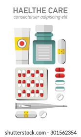 Thin  flat design of medication supplies, aspirin and painkiller pills, medical tools, healthcare equipment for health treatment. Modern vector illustration concept, on white background.