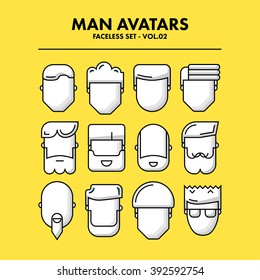 Thin Flat Line Man Avatars Icons - Faceless Set 02. Infographic or webdesign graphic resource. Profile picture. Vector Illustration