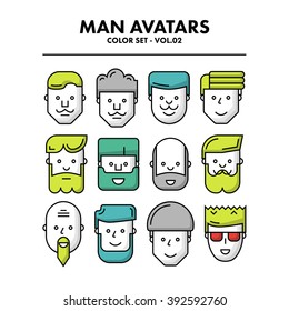 Thin Flat Line Man Avatars Icons - Color Set 02. Infographic or webdesign graphic resource. Profile picture. Vector Illustration