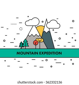 Thin flat line mountain adventures illustration. Motivational poster or a sticker for your wall or website.  Mountains are the setting sun, the trees and clouds. 
Marketing resource.