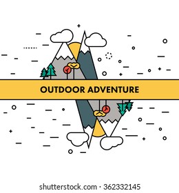 Thin flat line outdoor adventures illustration. Motivational poster or a sticker for your wall or website.  Mountains are the setting sun, the trees and clouds. Marketing resource.