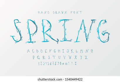 Thin font is manually drawn. English alphabet, numbers and signs with floral elements. EPS 10 vector.