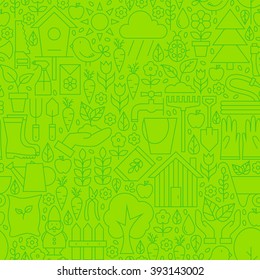 Thin Gardening Tools Line Seamless Green Pattern. Vector Website Design and Seamless Background in Trendy Modern Outline Style. Nature Flowers and Garden.