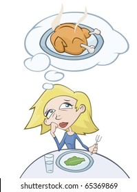 Thin girl is dreaming of a roast chicken