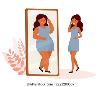 A thin girl looks in the mirror and sees herself fat. The concept of eating disorders, anorexia, bulemia. A woman wants to lose weight. Vector graphics.
