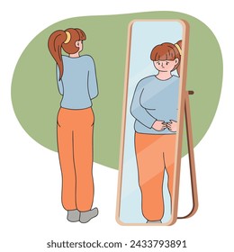 A thin girl looks in the mirror and sees herself fat. The concept of eating disorders, anorexia, bulemia. A woman wants to lose weight. Vector graphics.