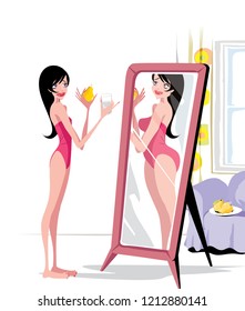 A thin girl seeing herself fat in mirror . Anorexia