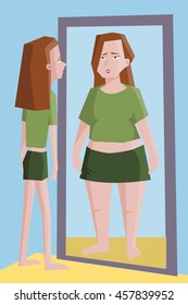 thin girl seeing  herself fat in mirror 