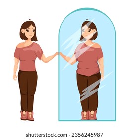 A thin girl sees herself as fat in the reflection of the mirror. Mental health, bulimia, anorexia. Vector illustration isolated on white background