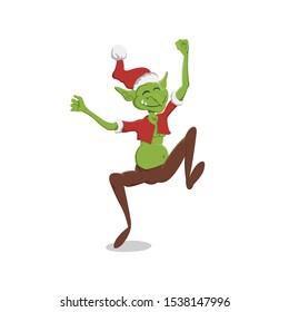 Thin goblin in christmas hat. Green troll in cartoon style. Fantasy monster in santa cotume. Jumping gremlin. Vector illstration