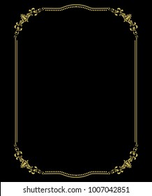 Thin gold beautiful decorative vintage frame for your design. Making menus, certificates, salons and boutiques. Gold frame on a dark background. Space for your text. Vector illustration.