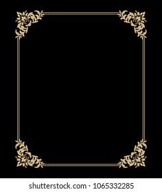 Thin gold beautiful decorative vintage frame for your design. Making menus, certificates, salons and boutiques. Gold frame on a dark background. Space for your text. Vector illustration.