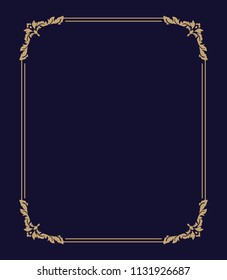 Thin gold beautiful decorative vintage frame for your design. Making menus, certificates, salons and boutiques. Gold frame on a dark background. Space for your text. Vector illustration.