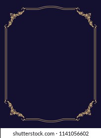 Thin gold beautiful decorative vintage frame for your design. Making menus, certificates, salons and boutiques. Gold frame on a dark background. Space for your text. Vector illustration.
