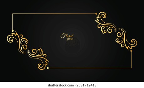 Thin gold beautiful decorative vintage frame for your design. Making menus, certificates, salons and boutiques. Gold frame on a dark background. Space for your text. Vector illustration.
