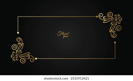 Thin gold beautiful decorative vintage frame for your design. Making menus, certificates, salons and boutiques. Gold frame on a dark background. Space for your text. Vector illustration.
