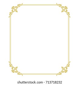 Thin gold beautiful decorative vintage frame for your design. Making menus, certificates, salons and boutiques. Gold frame on a dark background. Space for your text. Vector illustration.