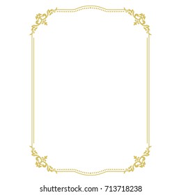 Thin gold beautiful decorative vintage frame for your design. Making menus, certificates, salons and boutiques. Gold frame on a dark background. Space for your text. Vector illustration.