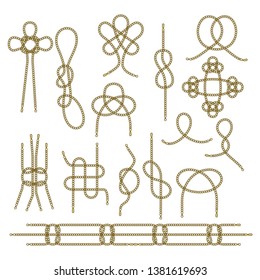 Thin gold chain tied into a woven knot. Celtic patterns, decor for clothes. Bracelet rope, cord for jewelry. Flat Vector Outline Illustration