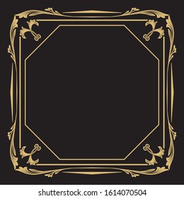 Thin gold decorative frame it is isolated on black background. An elegant element of design with the place for the text. Production of invitations, menu, cafe and boutiques. Vector.