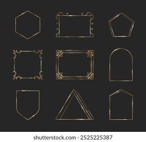 Quadro elegante de ouro fino no fundo escuro. Vetor ilustração realista conjunto de luxo linha de brilho dourado com ornamento. Abstrato modelo geométrico do cartão de casamento, certificado ou decoração do livro.