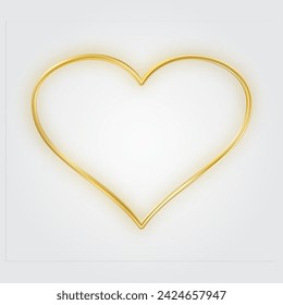 Thin gold heart frame. Golden realistic heart border. Luxury symbol of love. Gold decorative design element for Valentines Day, wedding card, invitation. 3D vector illustration EPS 10.