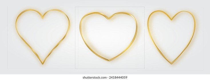 Thin gold heart frame set. Golden realistic heart border. Luxury symbol of love. Gold decorative design element for Valentines Day, wedding card, invitation. 3D vector illustration EPS 10.