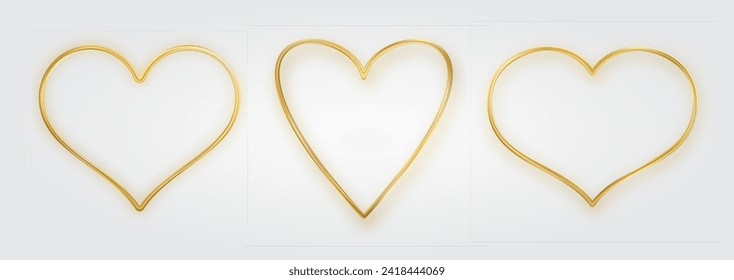 Thin gold heart frame set. Golden realistic heart border. Luxury symbol of love. Gold decorative design element for Valentines Day, wedding card, invitation. 3D vector illustration EPS 10.