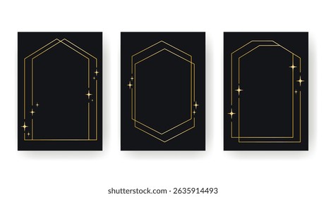 Thin gold line, geometric frame with sparkles. Holiday card template with gold frame on black background. Vector graphic, set