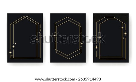 Thin gold line, geometric frame with sparkles. Holiday card template with gold frame on black background. Vector graphic, set