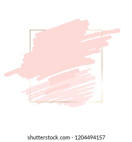 Thin gold square frame, peach and nude brush strokes on a white background.