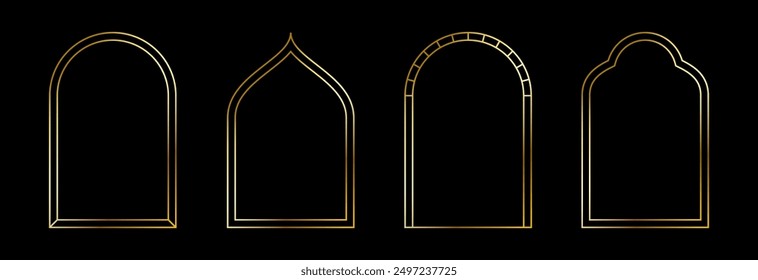 Conjunto de arco de oro delgado. Colección de marco de borde de arco dorado en estilo oriental. Paquete de forma de curva de brillo lineal musulmán. Brillante paquete de elementos de tablero brillante para foto, cuadro, cartel, tarjeta. Vector