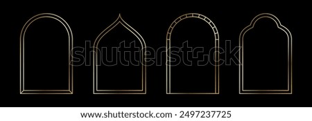 Thin golden arch set. Gold arc border frame collection in oriental style. Muslim linear shining curve shape bundle. Glowing shiny boarder element pack for photo, cadre, poster, card. Vector Zdjęcia stock © 