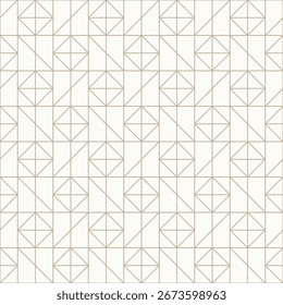 Dünne goldbraune Umrisse auf hellbeigem Hintergrund, nahtloses geometrisches lineares Muster. Perfekt für Tapeten, Textilien, Verpackungen, Umhüllungspapier, Goldelinien-Textur
