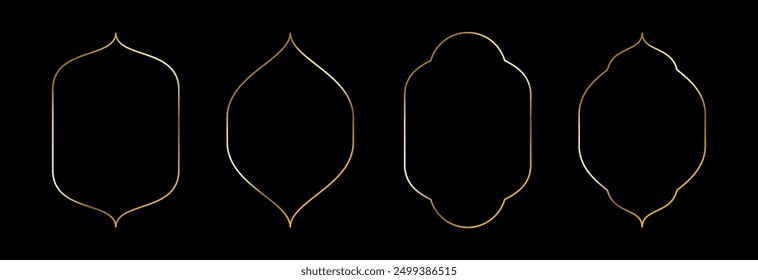 Thin golden curved frame set. Gold curved border collection in oriental style. Thin linear shining pointed shape bundle. Glowing shiny boarder element pack for photo, cadre, poster, card. Vector