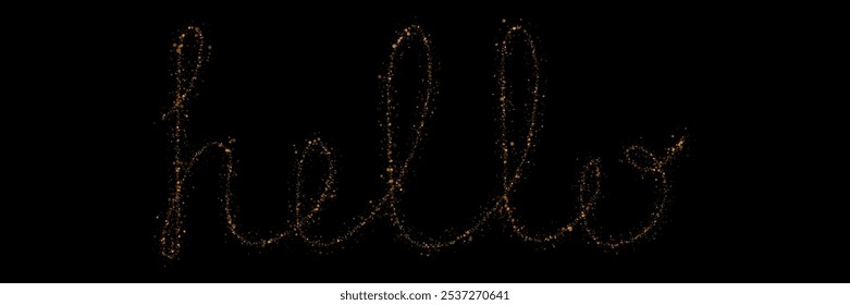 Thin golden curved Hello lettering of shiny sparkling particles abstract background. Vector banner design